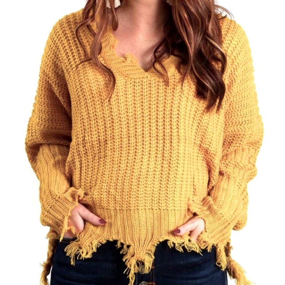 Wishlist Mustard V-Neck Distressed Sweater